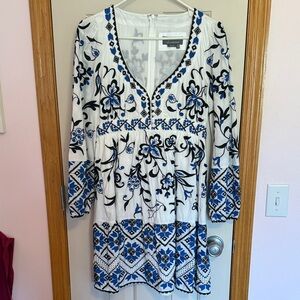Anthropologie White Dress with Blue & Black Floral Embroidery